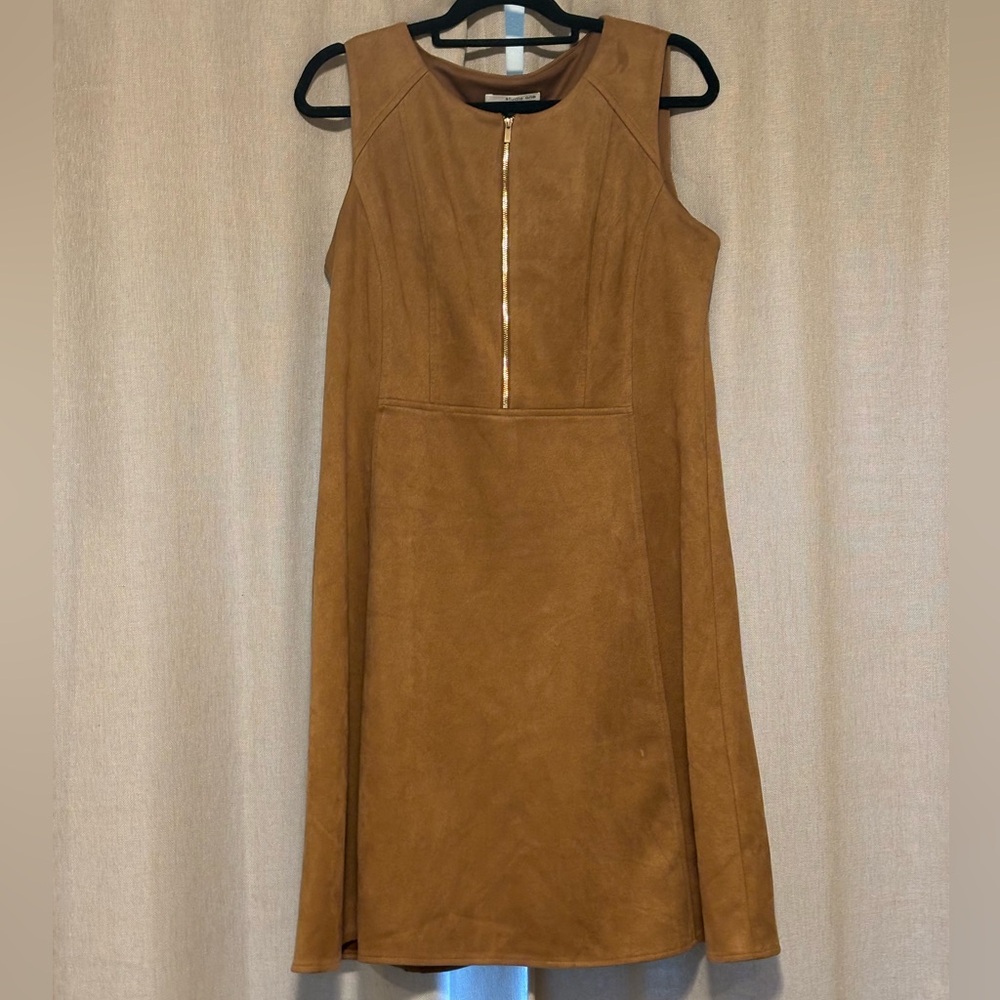 Studio One Camel Suede Dress with Gold Zipper Detailing Size 14